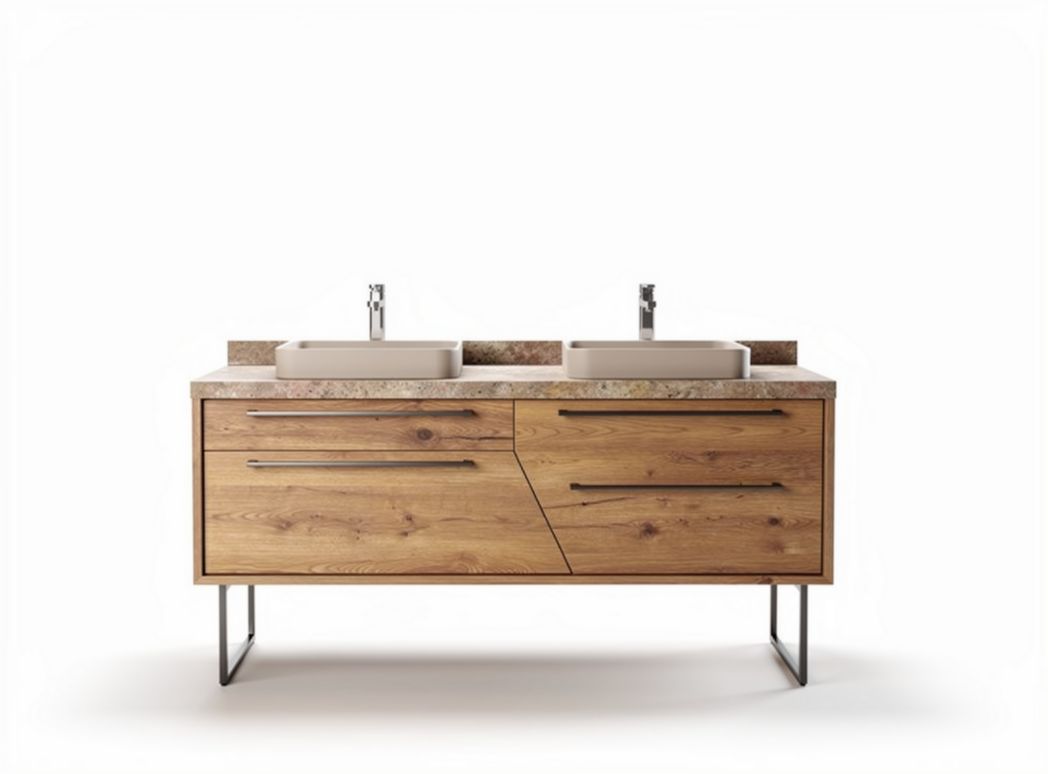 Meuble de salle de bains avec double vasque en bois et marbre - 120 x 50 x 80cm
